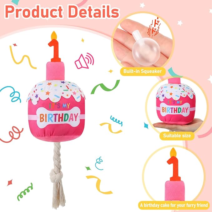 Dansydaisy Dog Birthday Cake Toy Squeaky Plush Toy for Girl Boy Gifts, Chew Accessories for Dog Birthday Party Decor Favor for Large, Medium and Small Dogs(1st,Rose Pink)