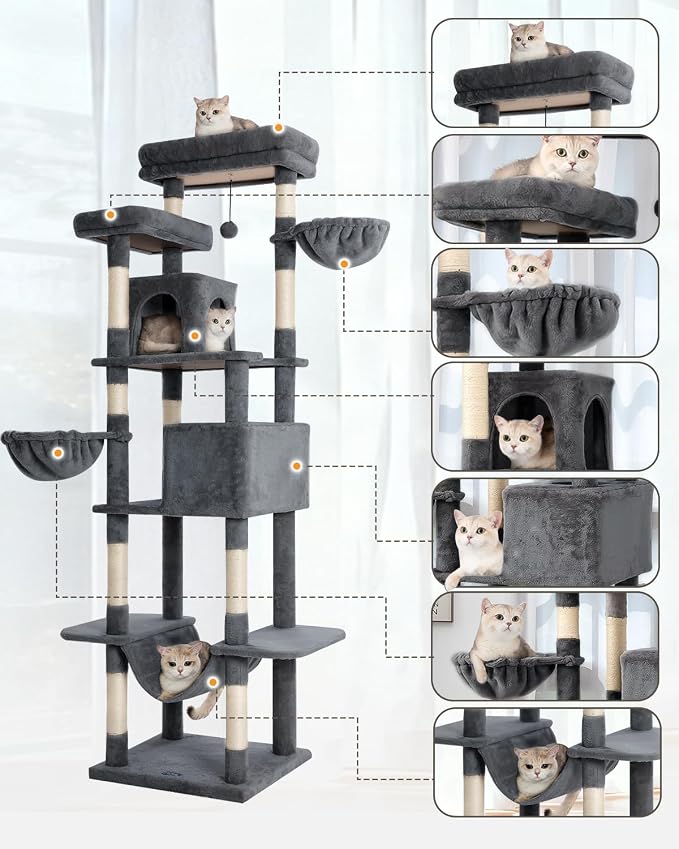 Cat Tree, 81-Inch Tall Cat Tower with Scratching Post, Plush Multi-Level Cat Condo with 2 Perches, 2 Caves, 2 Basket, Hammock for Indoor Cats Grey