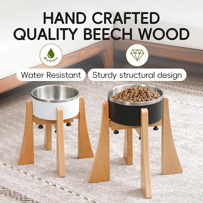 Solid Wood Elevated Dog Bowl Stand with Adjustable Width, 10-Inch Raised | Fits 6.3-7.8 Inch Dog Food & Water Bowls, Non-Slip Base, Ergonomic Design for Corgis, Beagles, Medium Breeds, Stand Only