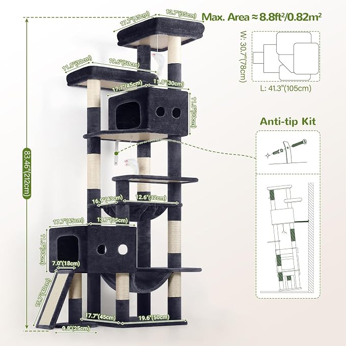 Globlazer 83inch Sturdy Multi-Level Tall Cat Tower, S83G, Dark Grey | Extra Large Heavy Duty Cat Tree for Indoor Large Adult Cats Kittens with 2 Cat Condo, 8 Scratching Post, 2 Hammock