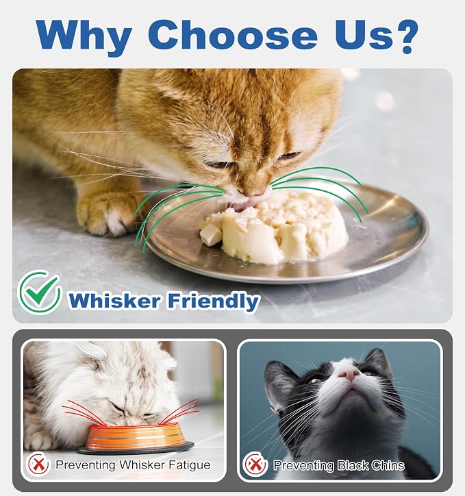 Supet Cat Plates Whisker Friendly, Non Slip Dish for Wet Food, Shallow Wide Flat Bowls Stainless Steel Metal for Indoor Cats, Kitten, Small Dog (13Oz, 4Pcs)