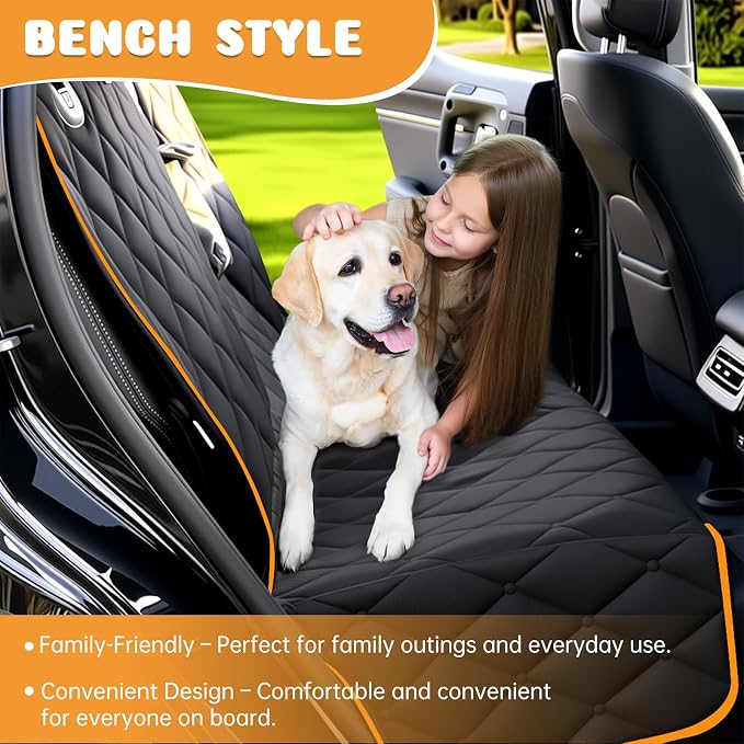 Dog Car Seat Cover for Back Seat 100% Waterproof, Long-Lasting and Soft Nonslip Backseat Cover for Cars, SUVs and Trucks, 600D Oxford Fabric, Black-Orange, Standard (54" W x 59" L)
