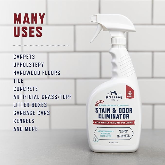 Rocco & Roxie Extreme Enzyme Stain & Odor Eliminator Spray | Bio-enzymatic + mineral formula; Meyer lemon scent; for carpets, bedding, litter boxes, crates, cars & laundry; made in USA