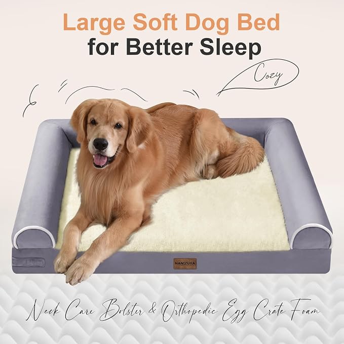 NANUYA Orthopedic Dog Bed for Large Dogs, 36 x 27 Inch, Purple | Egg crate foam for joint support, 3-sided bolster pet sofa, waterproof lining, washable cover, and non-skid base