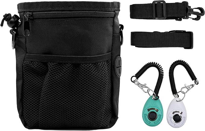 Dog Treat Pouch, Pet Training Clickers,Hands-Free Waist Belt Clip Nylon Pet Treat Pouch with Shoulder Strap, Puppy Walking Supplies Built-in Poop Bag Dispenser for Cat Bird Rabbit (Black)