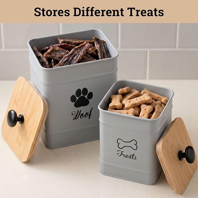 Dog Treat Container Set of 2 with Airtight Bamboo Lids - 8x6 & 7x5 inch | Fits All Popular Treats, Up to 20 Cups Combined Capacity, Airtight Bamboo Lid, Easy Open Lid, Dent-Resistant Durable Metal