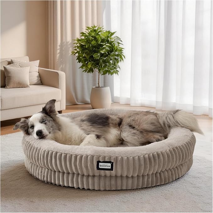 BALANCE Donut Dog Bed, 36 Inches Round Dog Bed Large Size Dogs Washable, Orthopedic Calming Dogs Beds for Kitten, Fluffy Plush Faux Fur Pet Bed with Anti-Slip Bottom