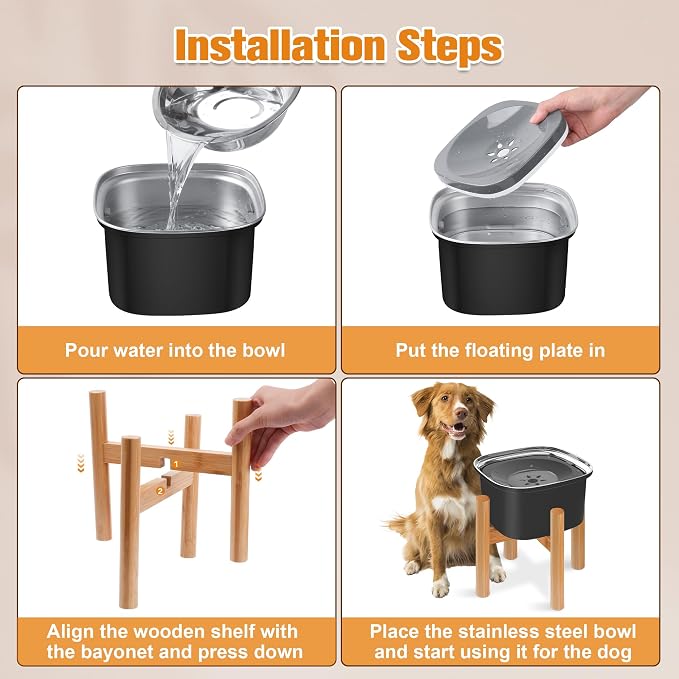 Decflow 3L Elevated Dog Water Bowl, Stainless Steel Raised Slow Water Bowl with Stand, Large Capacity No Spill Dog Dispenser for Small, Medium and Large Dogs | Raised Feeder with Wood Stand, spill proof Design, Large Capacity, for Small Medium Large Do...