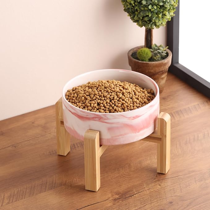 Elevated/Raised Dog Bowl Ceramic with Wood Stand for Medium Large Breed,Dog Food Water Dish Heavy Weighted, 8 in Non Slip Porcelain Pet Bowl Extra Big Marble Pink
