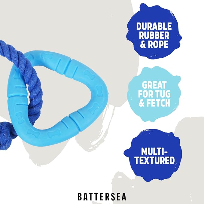 Rosewood Battersea Rope & Rubber Triangle Tug Dog Toy, 13cm x 20cm, Blue - Durable Interactive Toy for Tugging, Chewing, and Playtime with Dogs