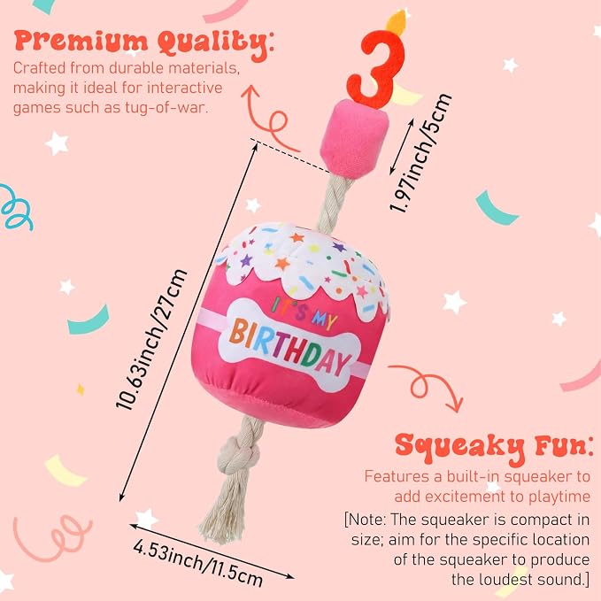Dansydaisy Dog Birthday Cake Toy Squeaky Plush Toy for Girl Boy Gifts, Chew Accessories for Dog Birthday Party Decor Favor for Large, Medium and Small Dogs(3rd,Rose Pink)