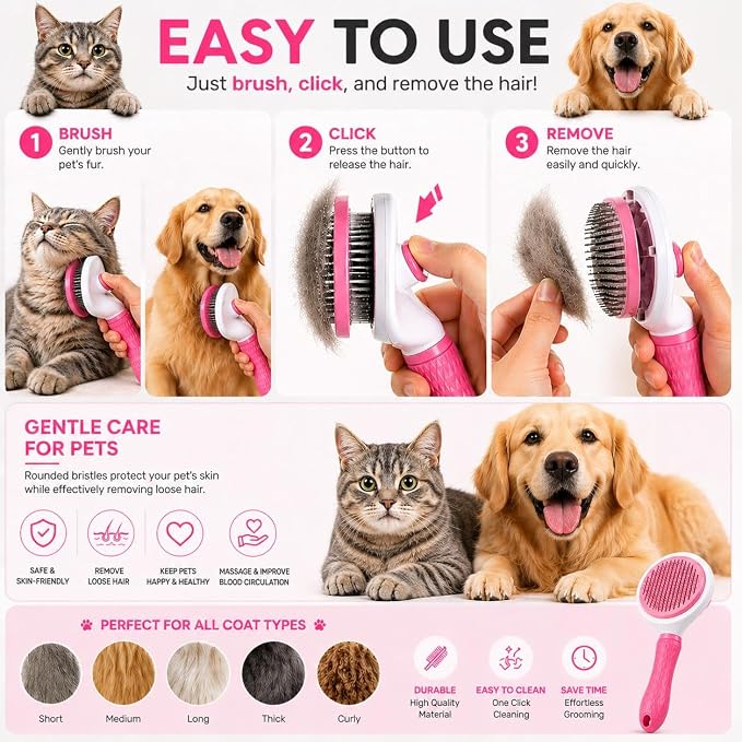 Pet Grooming Deshedding Brush, Self-Cleaning Massaging Brush for Dogs and Cats, Short and Long Hair (Pink)
