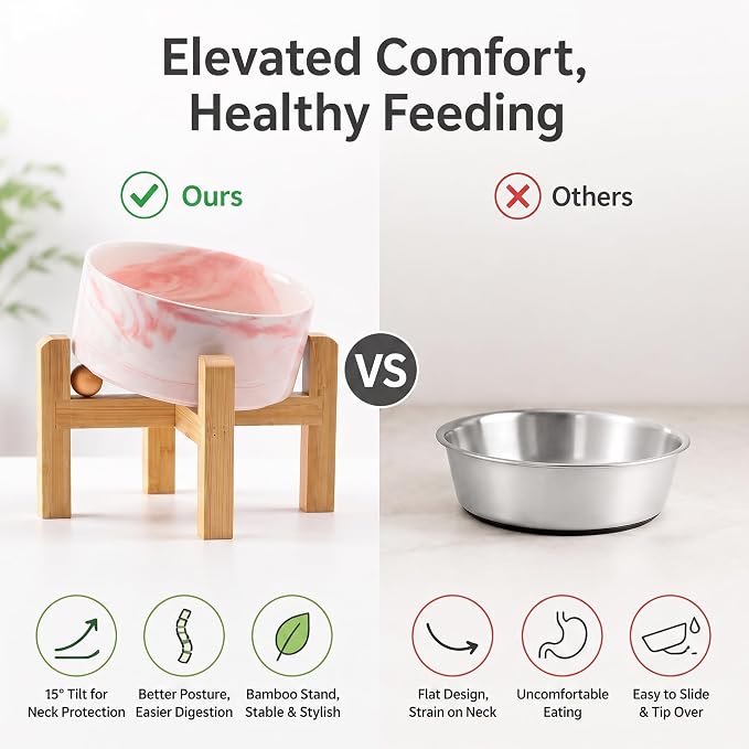 hjn Elevated Ceramic Dog Bowl 15°Slanted Raised Dog Bowl with Bamboo Stand for Small Medium Dogs and Cats, Pet Feeder -3.6-Cup (850ml)-Marble Pink
