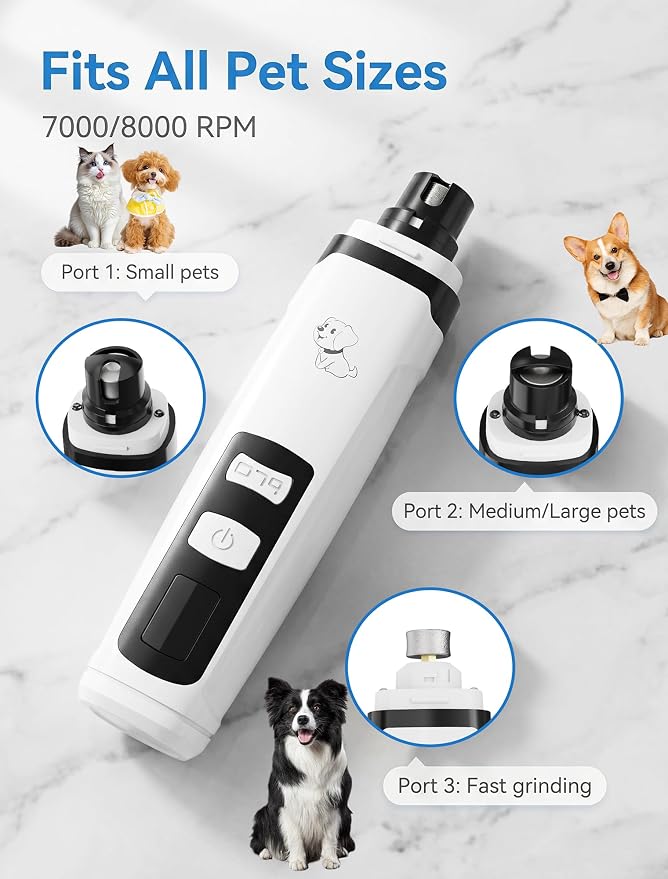 Quiet Dog Nail Grinder, 2-Speed with Light | Quiet <45dB, Dual LED Lights, 6H Battery, 3 Ports + 2 Speeds, For Dogs & Cats, USB Rechargeable, Gift for Pet Lovers