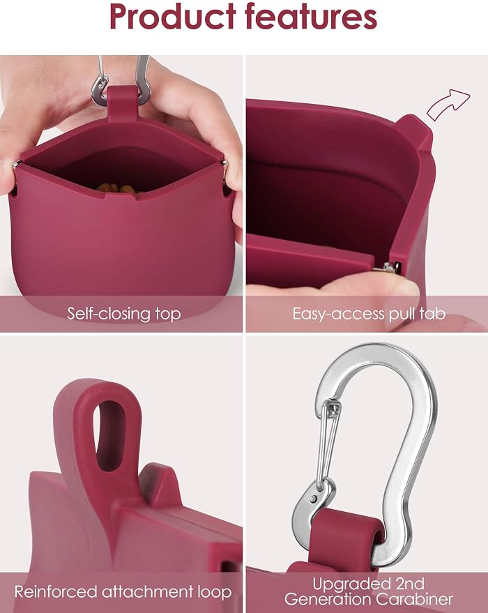 1 Cup Silicone Dog Training Treat Pouch (Red) | Clip on Leash or Belt Loop, One-Hand Access with Pull Tab, Small Pocket Sized, Auto Closing Lid for Pet Training & Walking