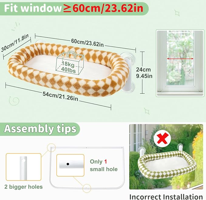 Sunhoo Foldable Cat Window Perch, Large Suction Cup Kitty Hammock, Brown | Windowsill Pet Bed for Cats Inside, Cordless Kitten Seat Supports 40 lbs, Soft Reversible Plush Cushion, Machine Washable
