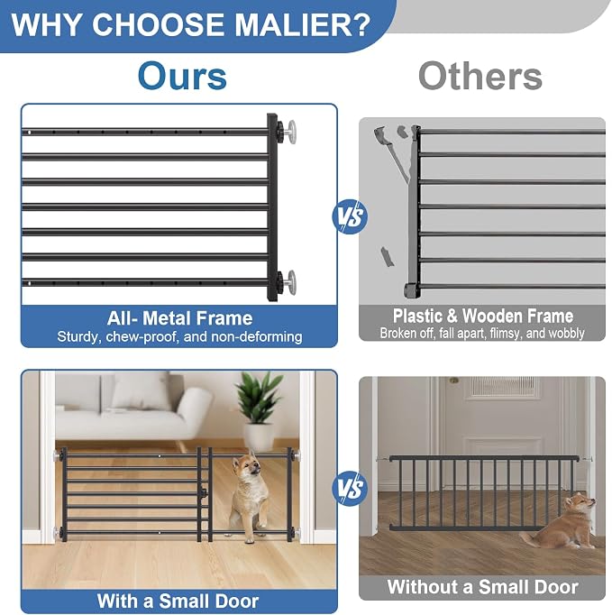 Malier Dog Gate with Door, 34-55" Extra Wide Full Metal Pet Gate Short Dog Gate for Stairs, Pressure Mount 20'' Tall Small Puppy Gate, Easy Step Over Low Gate for Doorways
