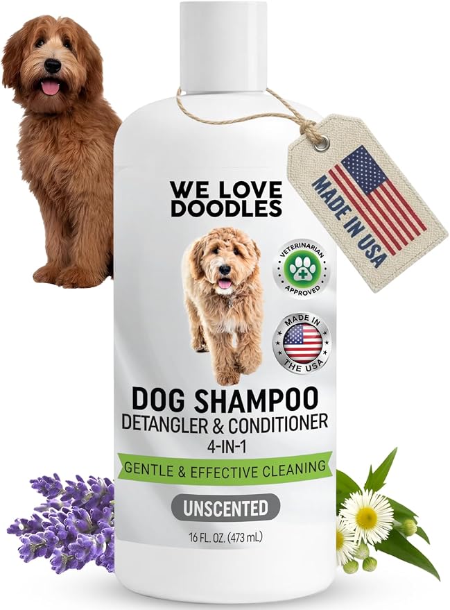 Dog Shampoo Conditioner & Detangler, Hypoallergenic Tearless Unscented 16OZ | For Sensitive Itchy Skin, Best Shampoo For Smelly Dogs, Goldendoodle, Poodle & Doodle, Puppy Pet Wash Soap, USA Made, 4-in-1