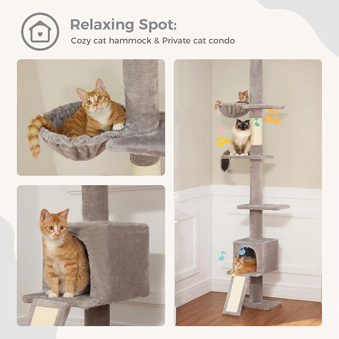 PEQULTI Floor to Ceiling Cat Tree, Adjustable 83-108in 5-Level Tower, Grey | Tension-mounted tall cat tower with 5 levels, cozy condo, hammock & sisal scratching post; wide base for indoor adult cats