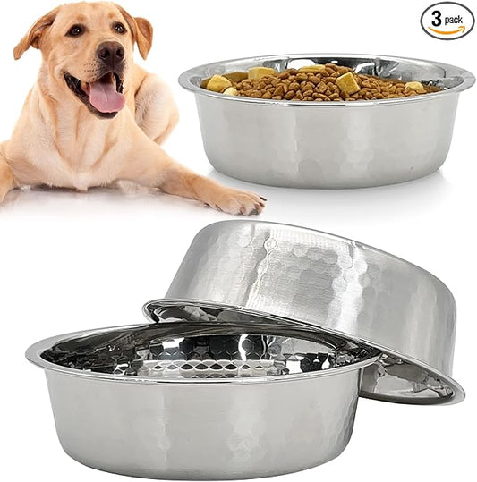 Fhiny 3 Pack Hammered Stainless Steel Dog Bowls, 8 Cups/64 Oz Premium Metal Puppy Feeder Bowl Set for Raised Feeding Station Basic Kitten Food & Water Dishes for Small & Medium Pets Dishwasher Safe