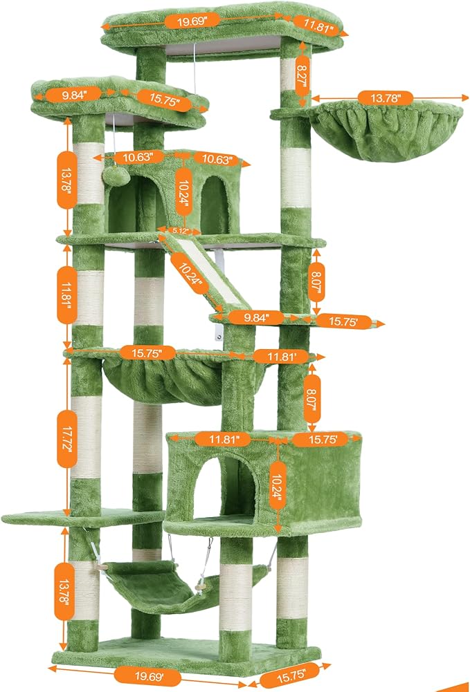 Heybly Cat Tree, 71-Inch-Tall Tower for Indoor Cats with 2 Perches HCT034GR | Large Cat Furniture with 2 Big Condos, 2 Hammocks, Basket, Scratching Pad, Multi-Level Cat Condo, Green