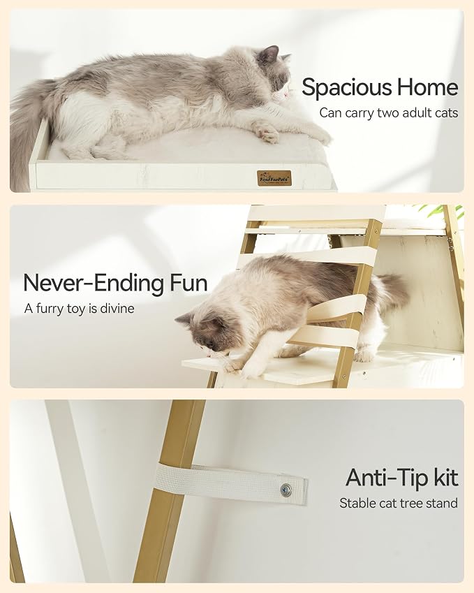 72.4" Cat Tree, Modern Cat Tower for Indoor Cats, Multi-Level Cat Condo with Caves, Tall Cat Tree with Cat Scratching Board, Wooden Cat Tower with Large Perch, Removable Pads, White