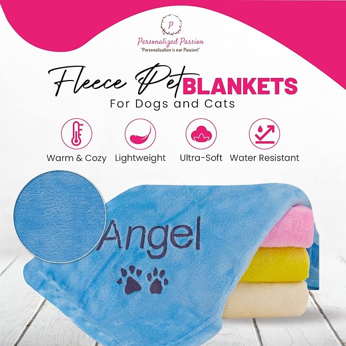 Personalized Passion Dog Blanket with Embroidered Name & Paws - Soft, Comfortable and Cozy for Bed, Couch, Car - Water Resistant Pet Fleece Blanket for Dogs and Cats - Blue - 28"x40"