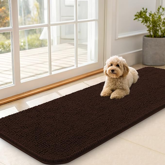 OLANLY Dog Door Mat for Muddy Paws 59x20, Super Absorbent Chenille Mud Mat | Brown, Absorbs Moisture and Dirt, Non-Slip Machine Washable Doormat, Quick-Drying Indoor Entryway Floor Carpet for Dogs
