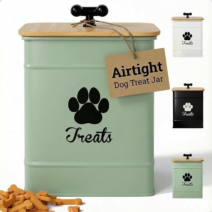 Dog Treat Container Airtight - 6 Inch Wide x 8 Inch Tall Iron Dog Treat Jar for Kitchen Counter with Airtight Bamboo Lid - 12 Cup Capacity Pet Treat Container - Doggie Cookie Jar - Big Treats Canister