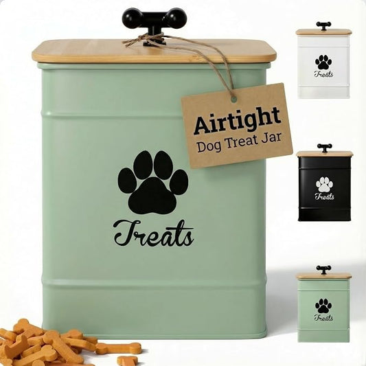 Dog Treat Container Airtight - 6 Inch Wide x 8 Inch Tall Iron Dog Treat Jar for Kitchen Counter with Airtight Bamboo Lid - 12 Cup Capacity Pet Treat Container - Doggie Cookie Jar - Big Treats Canister