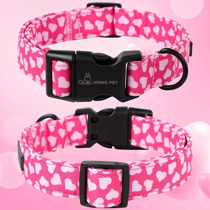 ARING PET Valentines Dog Collar, Cute Cotton Pink Heart Adjustable Valentine Pet Collars Puppy Collar with Quick Release Buckle for Girl Dogs-L