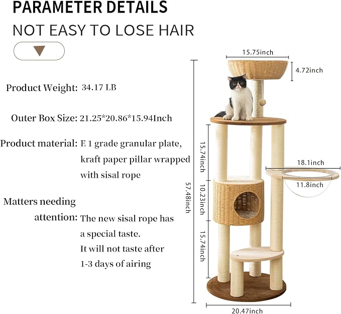SHODMI 58-Inch Modern Multi-Level Cat Tree Tower for Large Indoor Cats | 8 cm thick sisal posts, semi-enclosed cat condo, clear space capsule, handwoven basket, replaceable plush and cooling mats