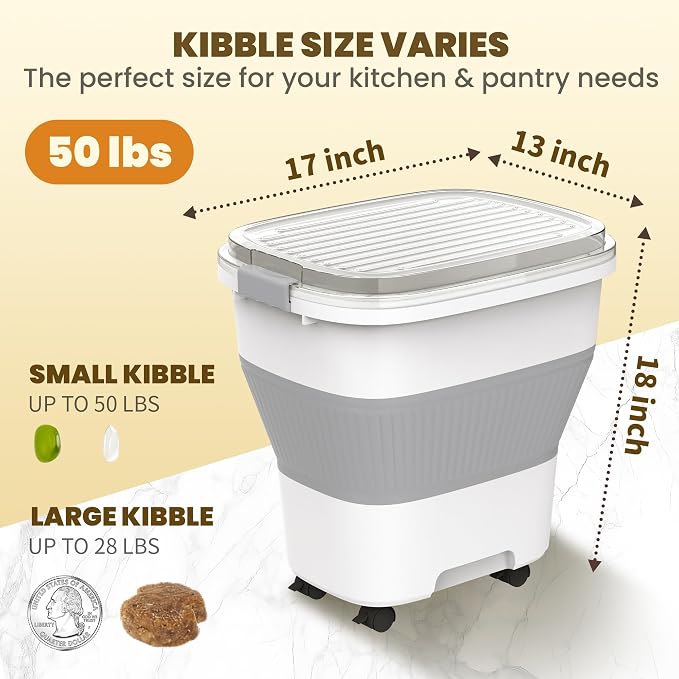 HOYTAMDAR 50Lbs Collapsible Rice Container,Airtight Food Storage container | Rice Storage Container with Clear Lid,Rolling Wheels,Small Bin & Measuring Scoop,Rice Dispenser for Pet Food Rice Flour