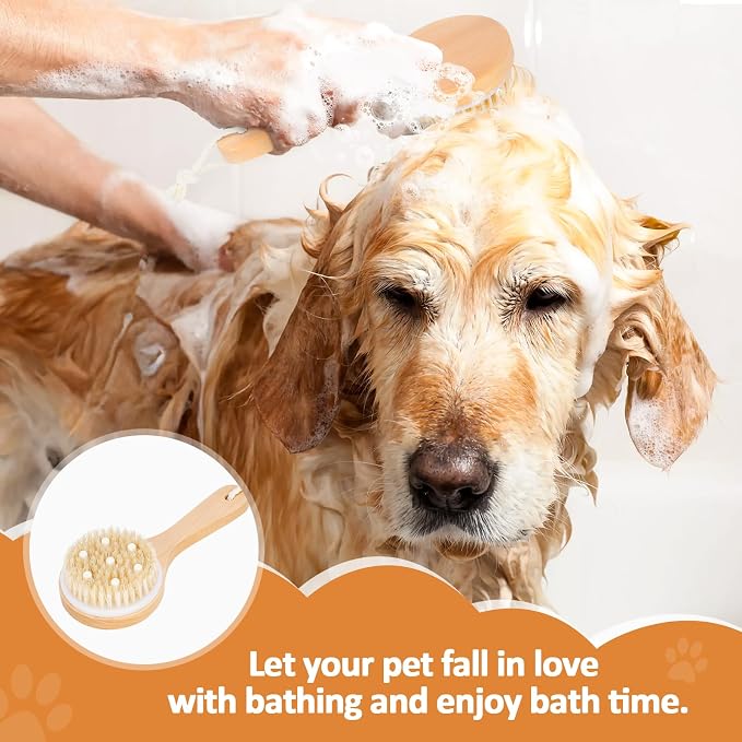 petour Dog Bath Brush Pet Shampoo Handle Bath Brush with Massage Points Dog Grooming/Washing/Massaging Wooden Brush Natural Bristle Dog Brush Removal Loos Hair for Cats Dogs, Beige