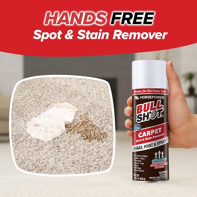 Bull Shot Carpet Spot & Stain Remover, AS SEEN ON TV, Made In USA, Just Point & Spray, Stain-Lifting Foam-Action, Pet Stains & Odors, Coffee, Soda, Wine, Stains, 2 Pack