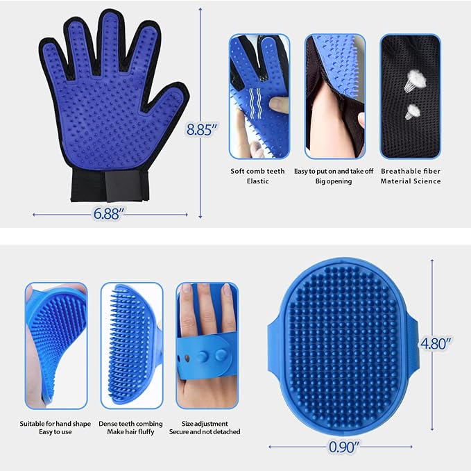 NVNAN Cat & Dog Grooming Glove and Curry Brush Set | Includes grooming glove and curry bath brush for deshedding, bathing, brushing, and gentle pet hair removal