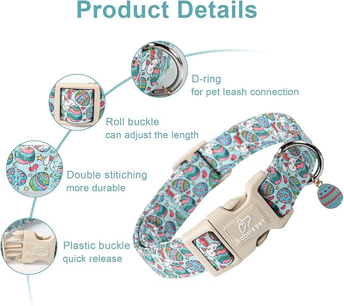 Easter Dog Collar for Large Dogs - Blue Sleepy Bunny Egg Easter Collars for Boy Girl Dogs, Adjustable Spring Holiday Pet Collars with Quick Release Buckle XL