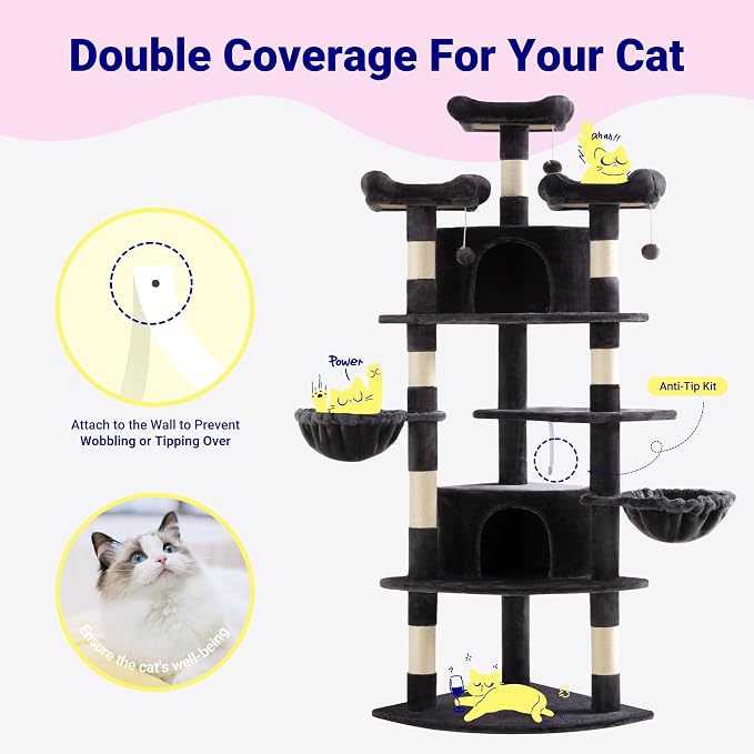Allewie 73in Fan-Shaped Space-Saving Corner Cat Tree Tower, Dark Grey | Multi-Level Tall Cat Tree for Indoor Cats, Cozy Baskets, Condos, House, Perches, Sisal Scratching Posts, Pet Activity Center