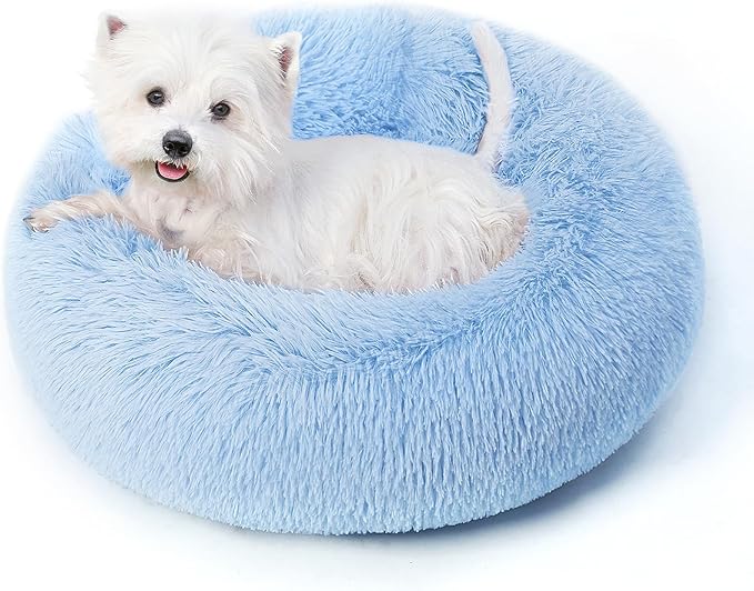 Calming Round Dog Bed & Cat Bed for Indoor Cats, Medium Size Washable Anti-Slip Anti-Anxiety Donut Dog Beds for Small Dogs & Cats, Fluffy Plush Soft Dog Bed(20 Inch, Light Blue)