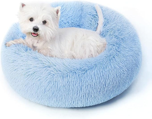 Calming Round Dog Bed & Cat Bed for Indoor Cats, Medium Size Washable Anti-Slip Anti-Anxiety Donut Dog Beds for Small Dogs & Cats, Fluffy Plush Soft Dog Bed(20 Inch, Light Blue)