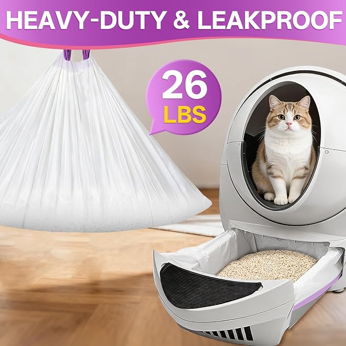 60 Pack Automatic Cat Litter Box Waste Bags Compatible with Litter Robot 4/3, 26lbs Heavy Duty Tear-Resistant Drawstring Cat Litter Liners, Sensor-Compatible,10-12 Gallon, 26.4" x 15.7"
