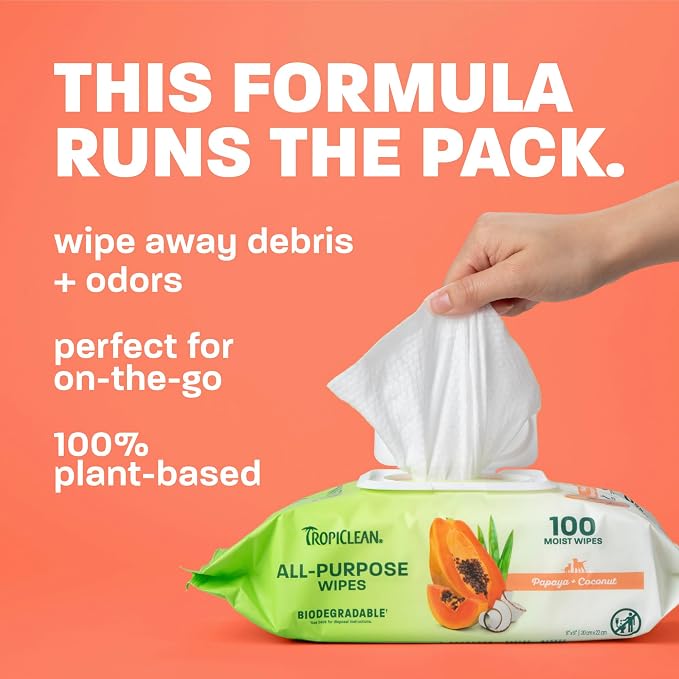 TropiClean Papaya & Coconut Dog Wipes for Paws and Bottom | Deep Cleaning Dog Grooming Wipes | Safe for The Face | Cat Friendly | 400 Count