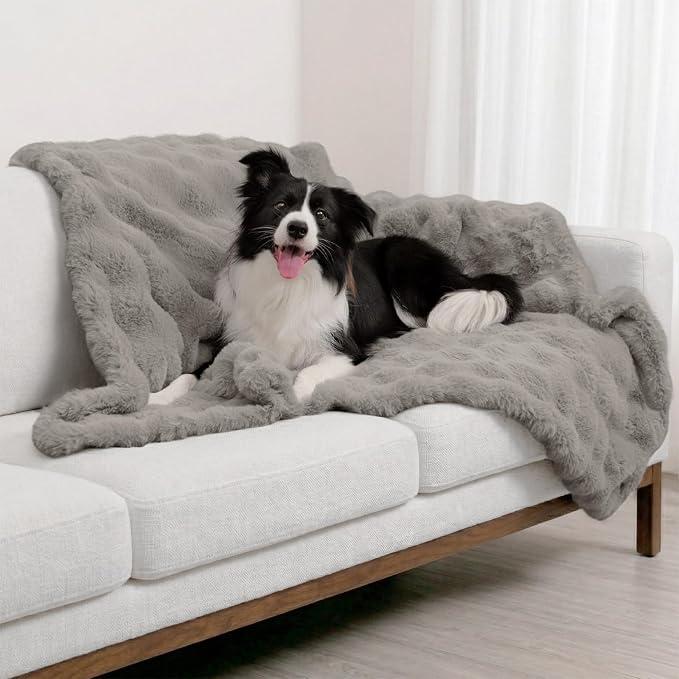 Paw Inspired Waterproof Dog Blanket, Soft Faux Fur Throw with Fur-Resistant Fleece, Washable Pet Blanket, Waterproof Protection for Couch, Bed, Furniture, Crate, Car (60x50, Gray)