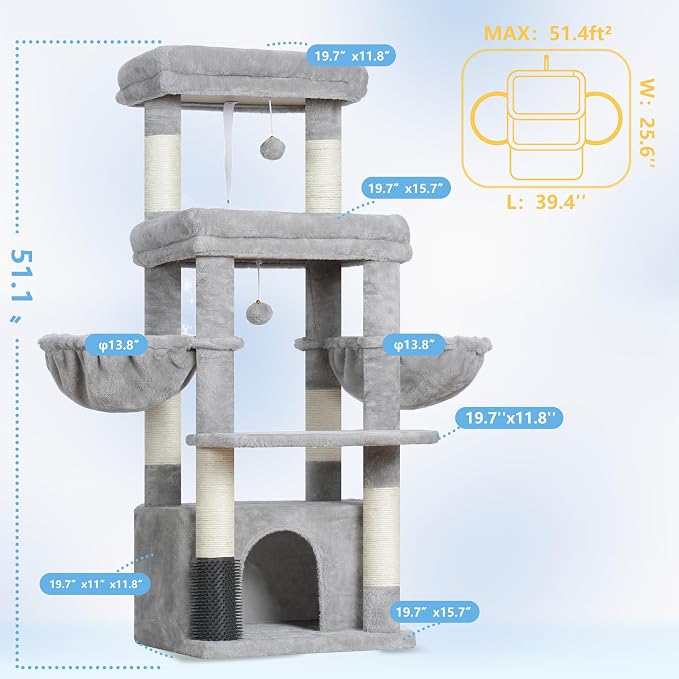 Hey-brother Cat Tree Tower with Extra Large Platform, Big Condo, MPJ070W | 51.1 Inches Scratching Posts with 2 Cozy Hammocks, Self-Grooming Brush for Indoor Adult Cats, Maine Coon, Light Gray