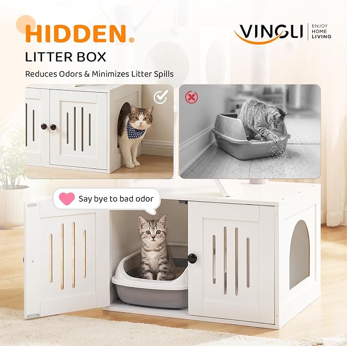 VINGLI Cat Tree Tower with Litter Box, 54" H All-in-1 Wooden Cats Condo, Cat Tower wih Scratching Posts, Houses for Indoor Kittens Hidden Cat Washroom Furniture (White Cabinet)