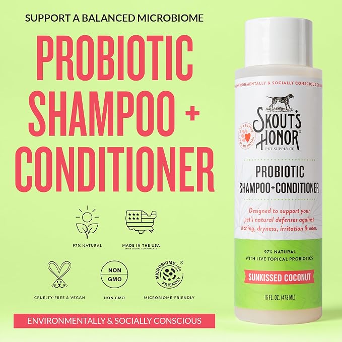 SKOUT'S HONOR Probiotic Dog Shampoo and Conditioner - SC, 16 oz, 2-Pack | Natural 2-in-1 for Itchy Skin, Microbiome-Friendly with Avocado Oil & Omega-3s, Paraben & Sulfate-Free