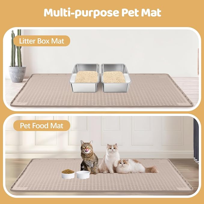 Silicone Cat Litter Mat for Litter Box 50”x35” Large Cat Mat, Khaki | Waterproof, Non-Slip, Leak-Proof Rug Mat with Lip, Easy to Clean, Extra Large Litter Catcher Mat for Floor