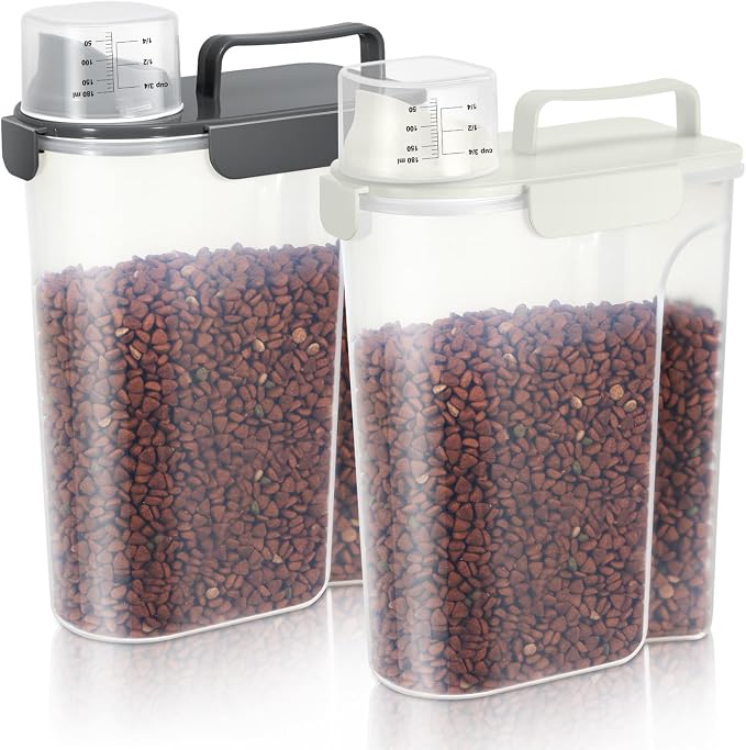 LEAWALK 5Lbs Airtight Cat Dog Food Storage Container with Upgraded Large Nozzle BPA-Free, Pet Food Storage Containers for Rice, Grain, Pet Food, Flour, Dog Treat Storage (White & Black, 5L-2pack)