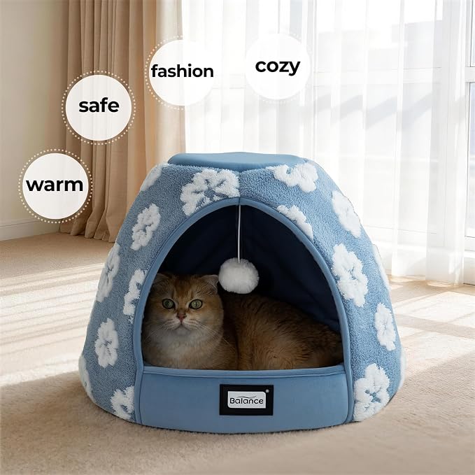 BALANCE Cat Beds for Indoor Cats, 2-in-1 Cat Bed Cave with Anti-Slip Bottom and Ultra-Soft Plush, Cozy Cats House Tent for Kittens and Small Dogs, 21 Inches, Blue