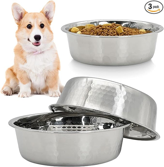 Fhiny 3 Pack Hammered Stainless Steel Dog Bowls, 4 Cups/32 Oz Premium Metal Puppy Feeder Bowl Set for Raised Feeding Station Basic Kitten Food & Water Dishes for Small & Medium Pets Dishwasher Safe